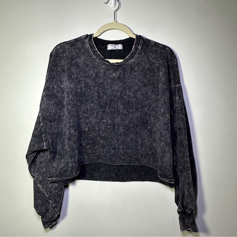 Zenana Casual Oversized Crop Top Black Acid Wash Long Sleeve Top XS Grunge Goth